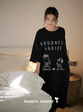 贝妍史努比睡衣女夏季薄款凉感棉中袖睡裙慵懒宽松少女黑色连衣裙