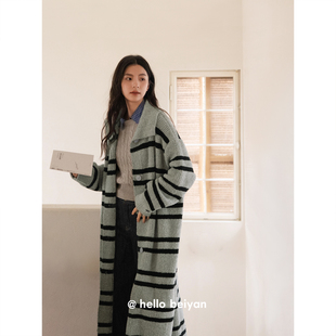 贝妍珊瑚绒睡衣女冬季 毛衣外套 保暖半边绒复古条纹睡袍气质中长款