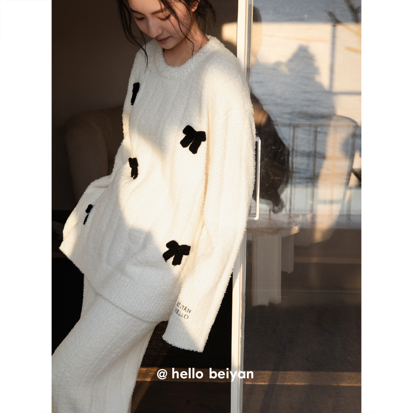 贝妍珊瑚绒睡衣女秋冬季保暖半边绒家居服甜美蝴蝶结少女加厚套装