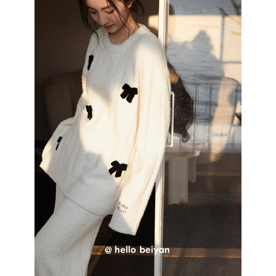 贝妍女秋冬保暖半边绒蝴蝶结睡衣