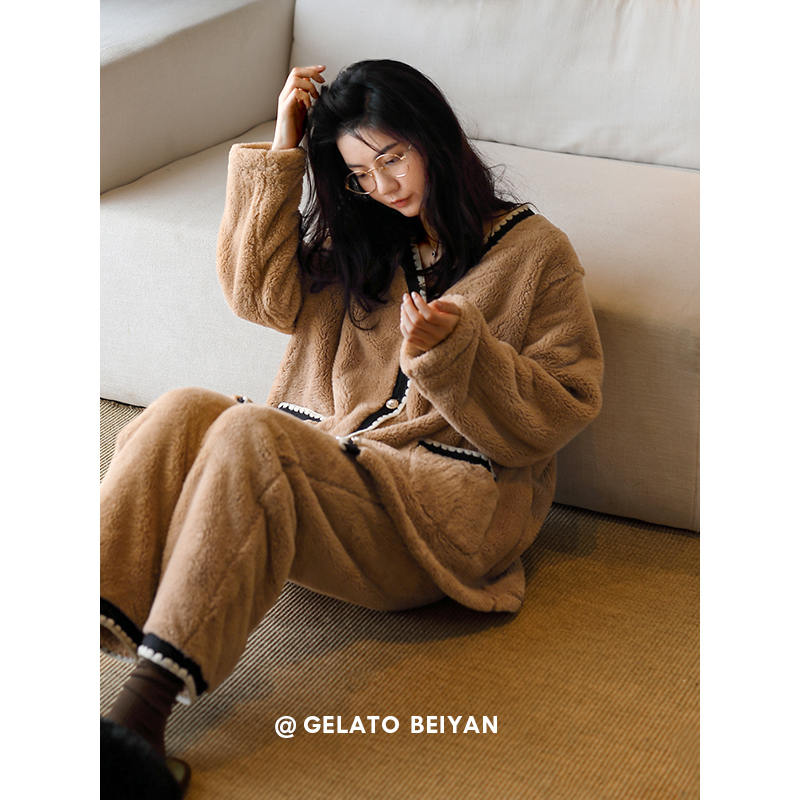 贝妍冬季女款加厚珊瑚绒开衫睡衣
