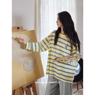 套装 长裤 休闲条纹可外穿慵懒家居服 圆领长袖 柔软棉睡衣女春秋新款