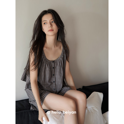 贝妍女夏季凉感吊带复古格纹睡衣