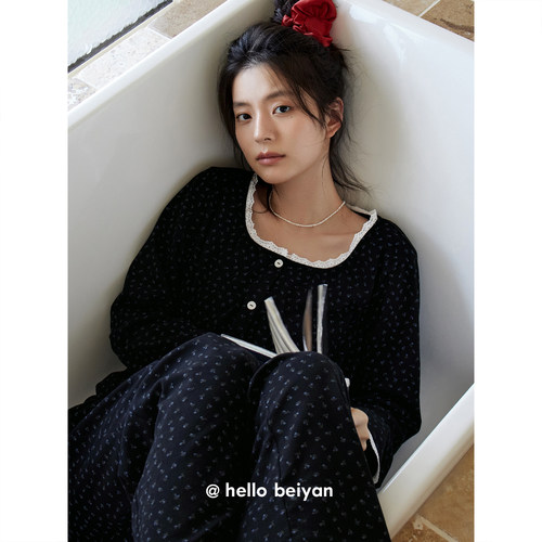 贝妍女春秋开衫长袖黑色显瘦睡衣