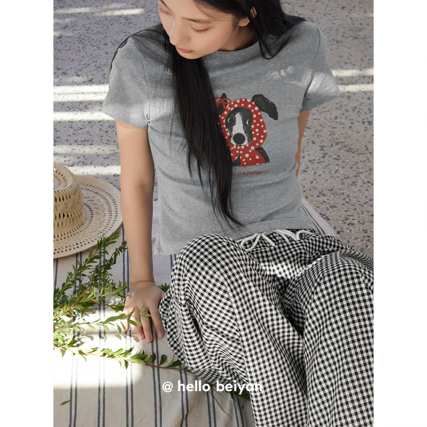 贝妍睡衣女夏季凉感莫代尔棉家居服显瘦藏肉短袖阔腿格子长裤套装