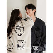 贝妍珊瑚绒情侣睡衣女秋冬史努比开衫 家居服休闲男保暖半边绒套装