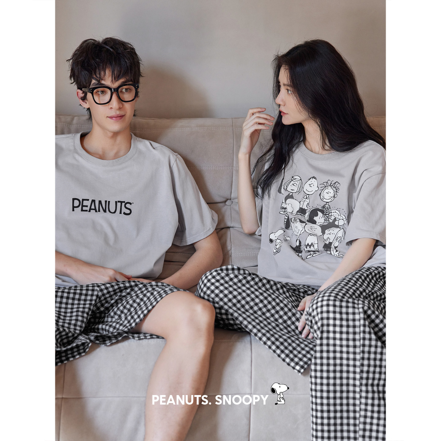 贝妍史努比情侣睡衣女款夏季凉感短袖卡通家居服休闲男士大码套装