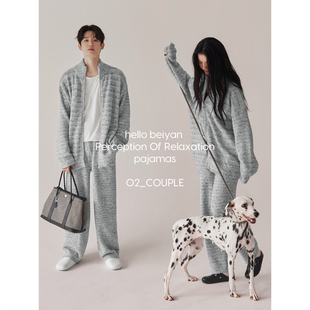 贝妍珊瑚绒情侣睡衣女款冬季外穿保暖套装运动风男士半边绒家居服