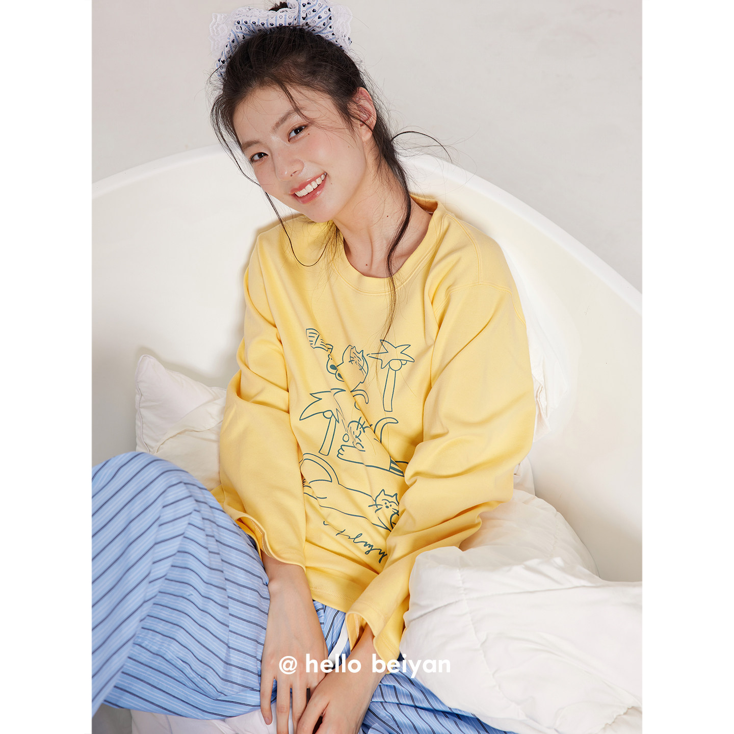 贝妍柔软棉睡衣女春秋季卡通猫咪阔腿长裤家居服清新减龄少女套装