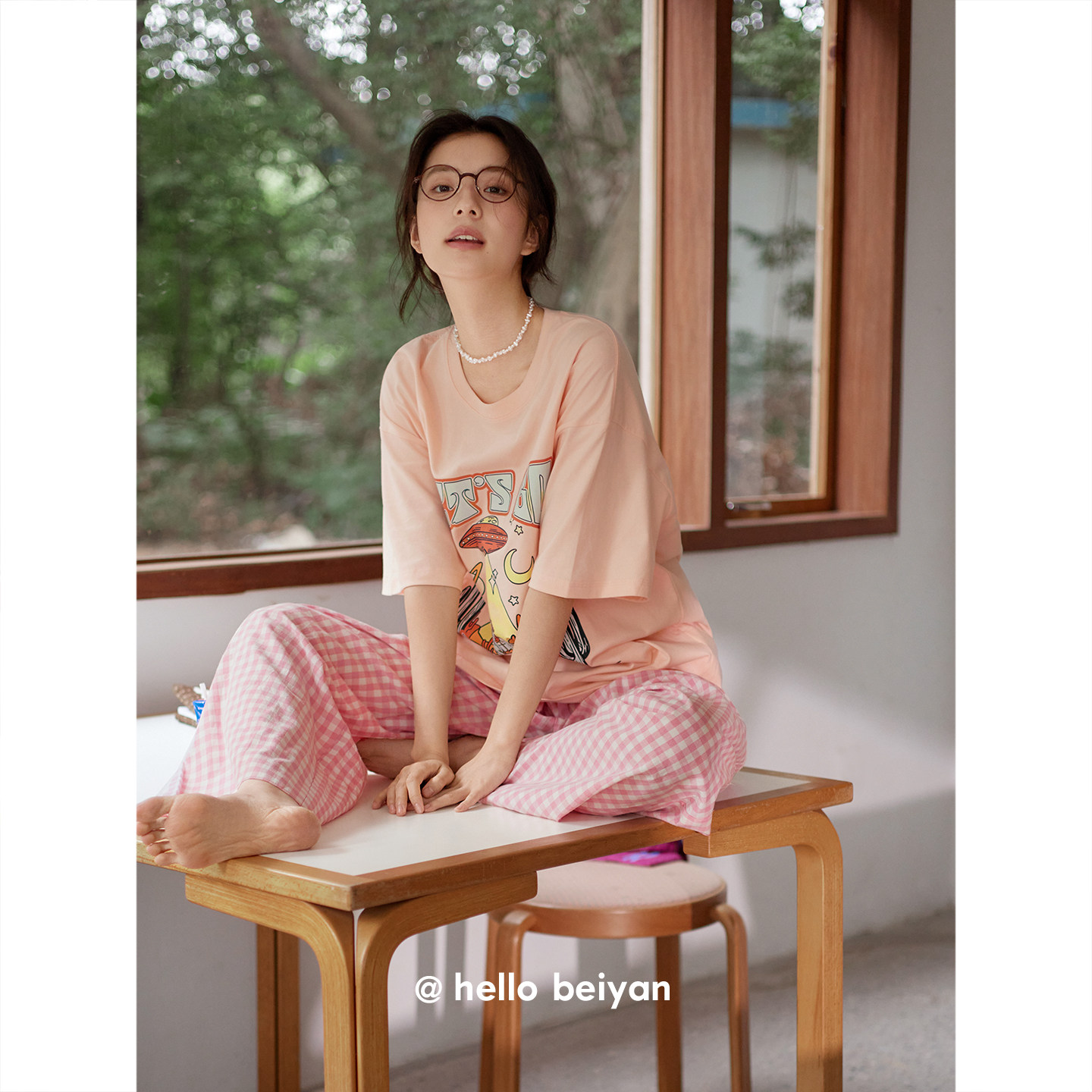 贝妍睡衣女款夏季凉感短袖格子长裤套装甜美元气少女松弛感家居服