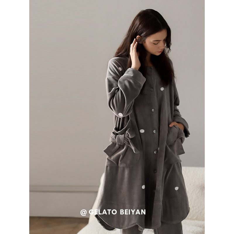 贝妍珊瑚绒睡衣女秋冬季保暖海岛绒韩版中长款女士大码家居服套装