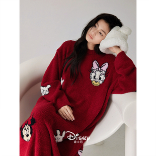 迪士尼珊瑚绒睡裙女款冬季本命年红保暖睡衣新婚结婚半边绒连衣裙