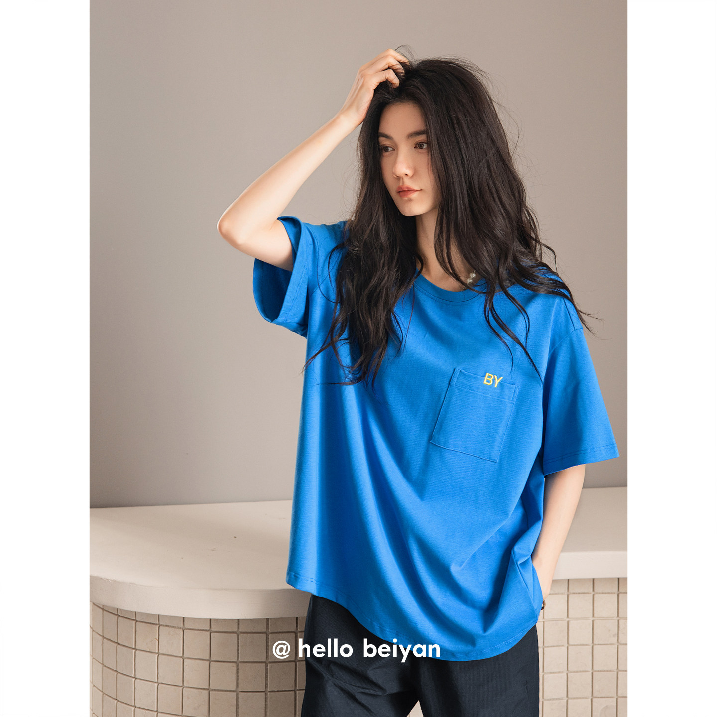 hello beiyan_蓝色显白 睡衣女夏季薄款纯棉短袖长裤可外穿家居服