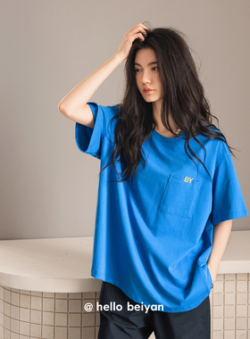 hello beiyan_蓝色显白 睡衣女夏季薄款纯棉短袖长裤可外穿家居服