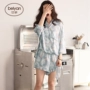 Bellow Spring Summer Cotton Ladies Pyjama Phim hoạt hình dễ thương Người phụ nữ lỏng lẻo Dịch vụ tại nhà Áo len cotton Hàn Quốc - Bộ Pajama đồ bộ vải đũi