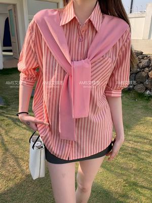 NX2023夏季新款法式慵懒风短袖披肩假俩件口袋休闲粉色条纹衬衫女