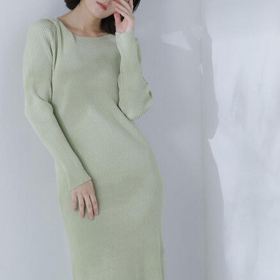 春秋女装长款针织连衣裙纯色