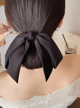 韩版新款法式赫本风黑色缎面蝴蝶结弹簧夹复古优雅气质百搭发夹
