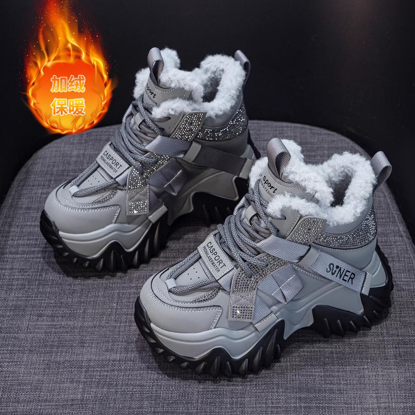 软底不累脚高帮加绒加厚老爹鞋女