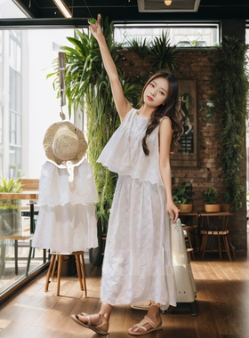 亲子装2024超仙刺绣上衣童装白色全棉蕾丝套装母女装半身裙2件套