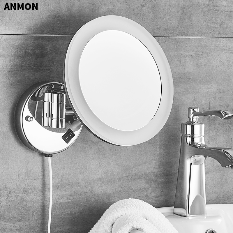 带LED灯浴室伸缩镜子化妆镜铜材质欧式3倍放大镜子壁挂式