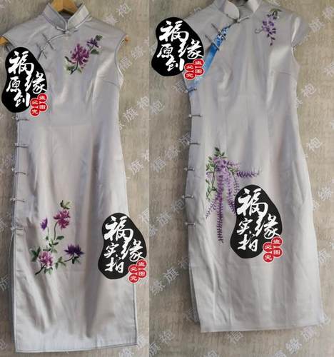 时尚复古手工花扣银灰色重磅真丝紫菊紫藤纯手工绣花短旗袍裙定做