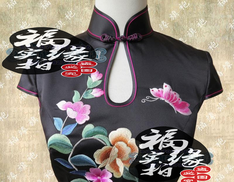 手工旗袍定做重磅真丝短旗袍裙定制时尚滴水领绣花真丝旗袍