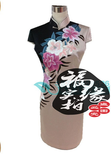 宴会拍照外出高端唐装女士日常修身旗袍定做真丝麻缎相拼绣花旗袍