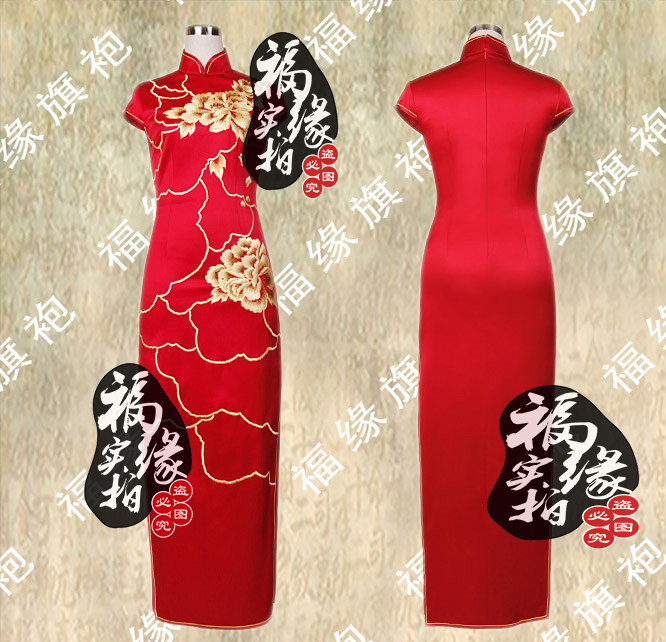 高端定做大红重磅真丝金牡丹长款宴会结婚敬酒礼服唐装旗袍