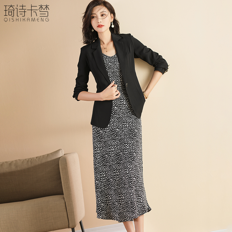西装套装裙女2022秋季新款小个子气质中长款碎花连衣裙时尚两件套
