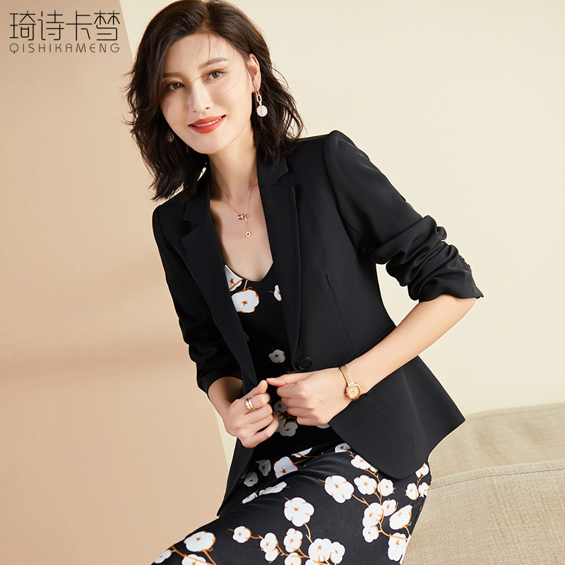 黑色中袖西装外套女修身显瘦气质通勤风职场百搭西服时尚小个子