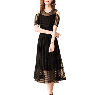 小黑裙修身 54384 显瘦露肩宴聚会百褶裙夏日 化私人订制 奈昕个性