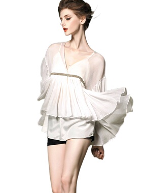 奈昕个性化私人定制 20954时装新品V领网纱拼接两件套修身上衣T恤