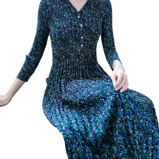 成熟V领风花色显瘦花色百褶裙中长款 51585 连 化私人订制 奈昕个性