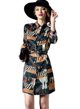 奈昕个性化私人定制 21086 新款方领dress复古印花修身衬衫连衣裙