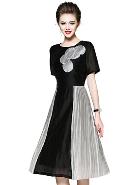 奈昕个性化私人订制 33270 休闲夏质朴简约拼接百褶中长款连衣裙