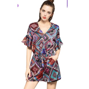 奈昕正品高档货 32191 正品V领夏季女个性印花短裤海边渡假连体裤