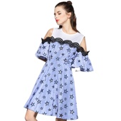 奈昕个性 显瘦条纹短裙蕾丝边连 露肩甜美夏修身 化私人定制 32117