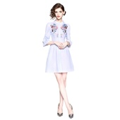 化私人订制 130483 夏女装 奈昕个性 优雅小清新绣花条纹喇叭袖