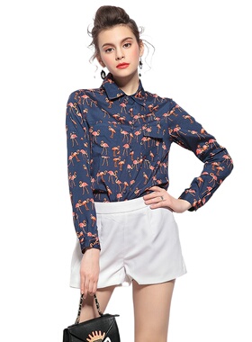 奈昕个性化私人定制 1000065正品百搭动物印花口袋拼接雪纺衬衫女