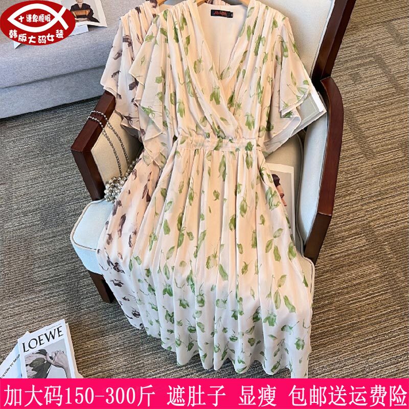 胖mm韩版V领遮肚显瘦连衣裙