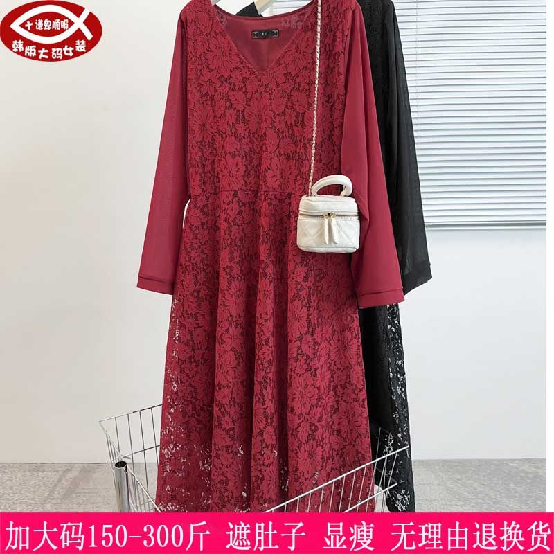 胖喜婆婆V领蕾丝连衣裙