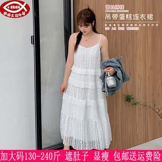 2024春夏新品230斤大码女装蛋糕裙200胖mm蕾丝遮肚显瘦吊带连衣裙