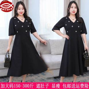 女装 300斤特大码 270胖mm弹力V领遮肚显瘦连衣裙240 新品 2023夏季