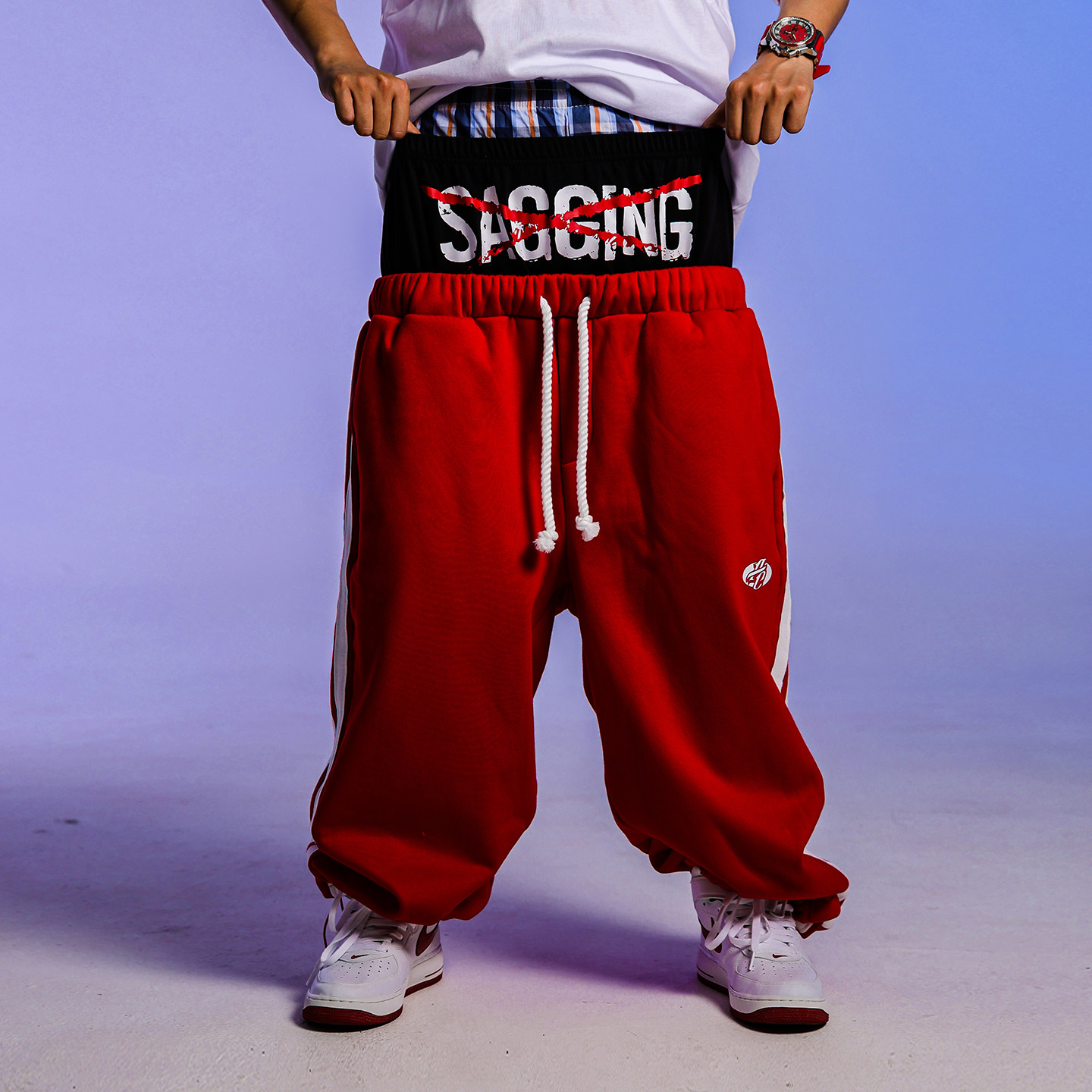 ACUSA双腰头标语印花卫裤