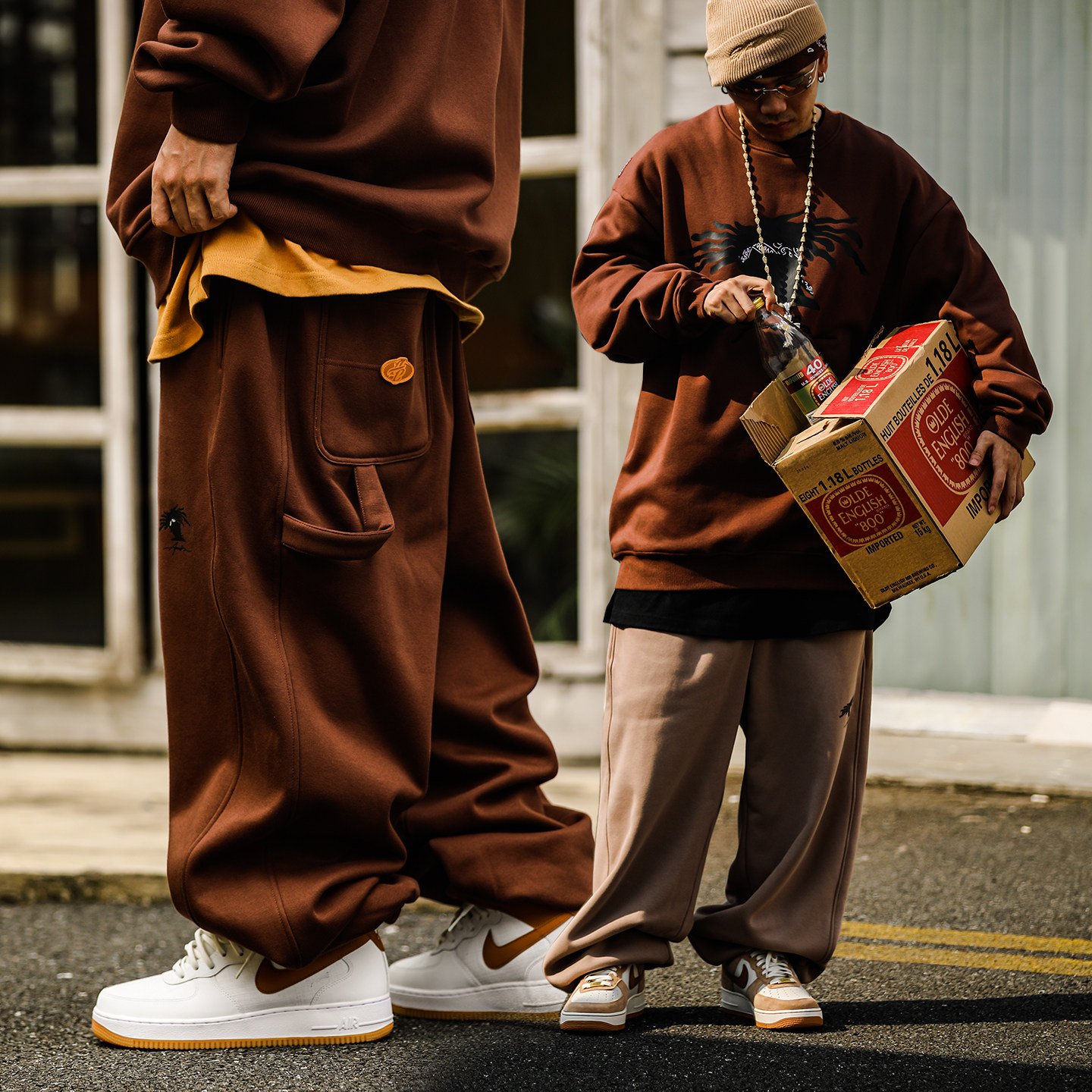 ACUSA嘻哈街头脏辫头印花刺绣摇粒绒加厚卫衣长裤套装秋冬宽松男