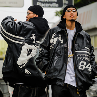 Acusa李小龙万针刺绣拼皮重磅工艺PU皮衣夹克外套秋冬加厚宽松肥