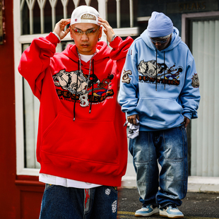 ACUSA嘻哈90S宽大版 男女 型猛犬街阿福重工贴布刺绣摇粒绒套头帽衫