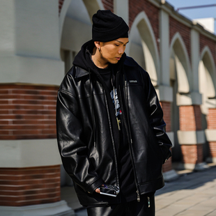 ACUSA美式 街头重磅PU皮革外套拉链夹克复古拼接肥大宽大翻领男款