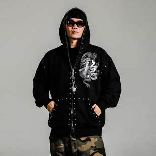 ACUSA双拉头拉链铆钉多重工艺连帽宽松外套卫衣美式 千禧街头 开衫